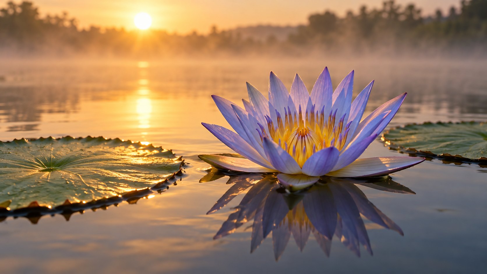 Una ninfea azzurra aperta sull'acqua calma all'alba, con il centro giallo e due foglie galleggianti.