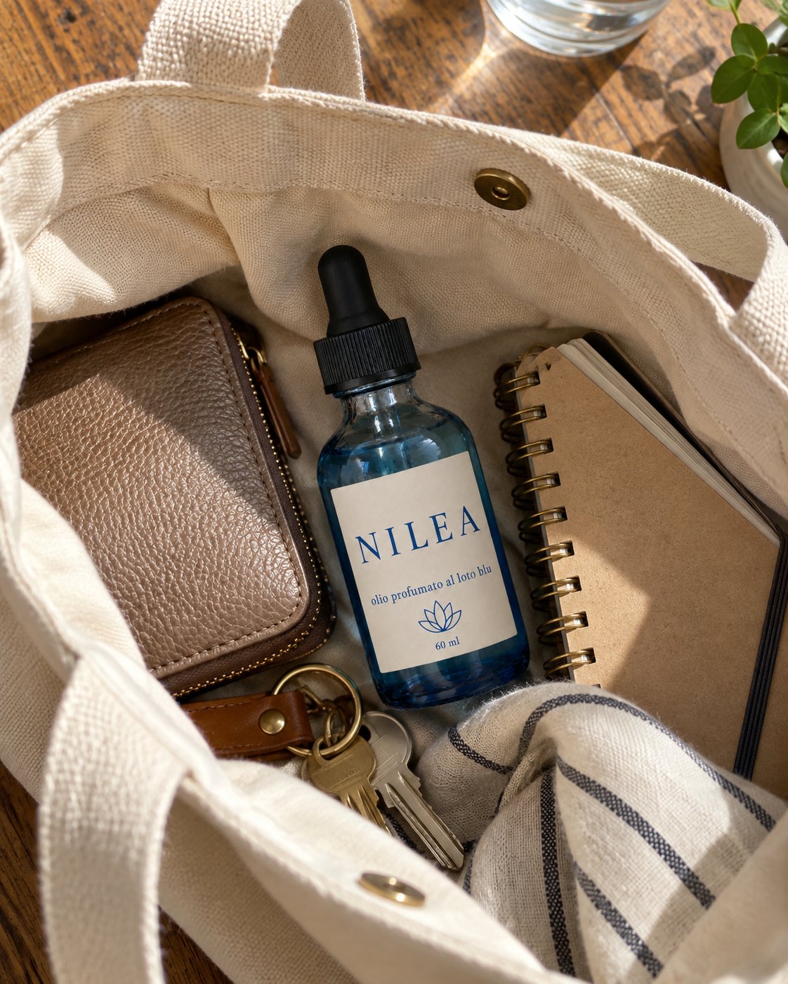 La boccetta Nilea dentro una borsa di tela chiara, tra un portafoglio, un mazzo di chiavi e un quaderno.