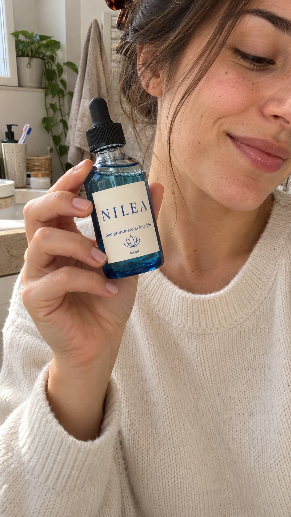 Una ragazza con un maglione crema tiene la boccetta Nilea chiusa accanto al viso e sorride.