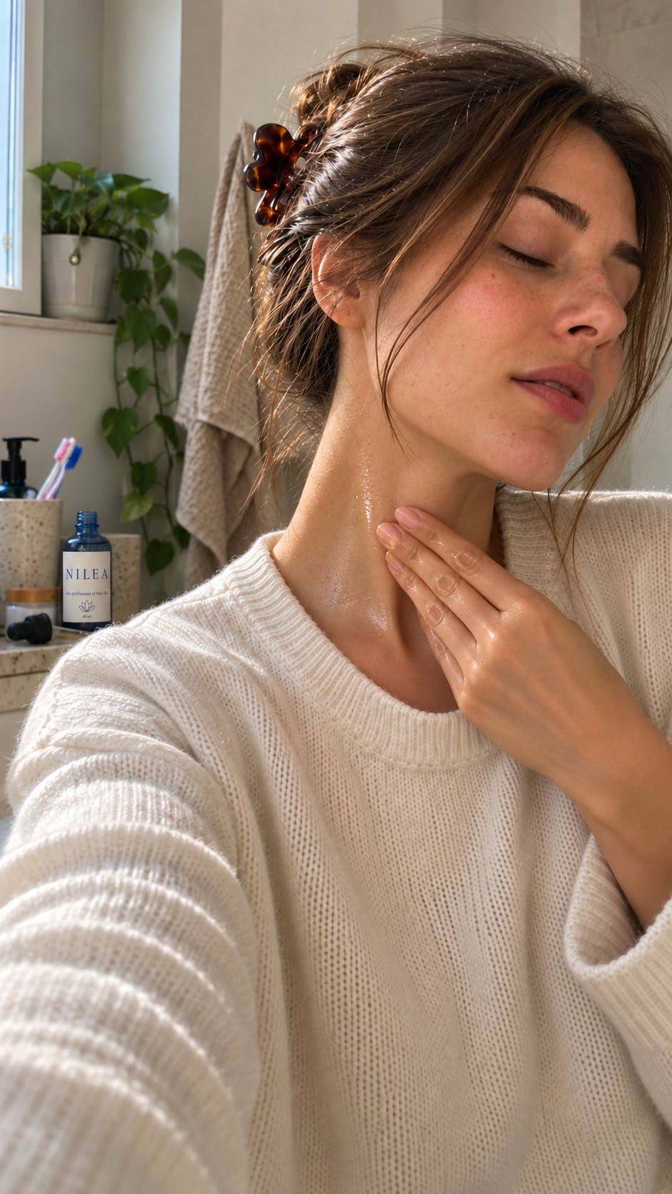 La ragazza, a occhi chiusi, si passa l'olio sul lato del collo; la boccetta aperta è sul ripiano dietro di lei.