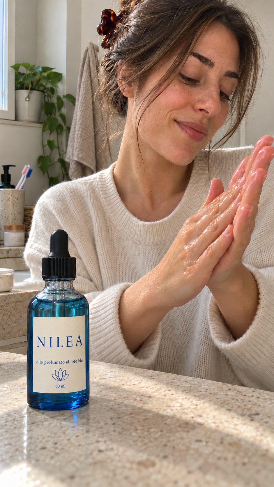 La ragazza sfrega i palmi lucidi d'olio; la boccetta Nilea è appoggiata sul ripiano del bagno.